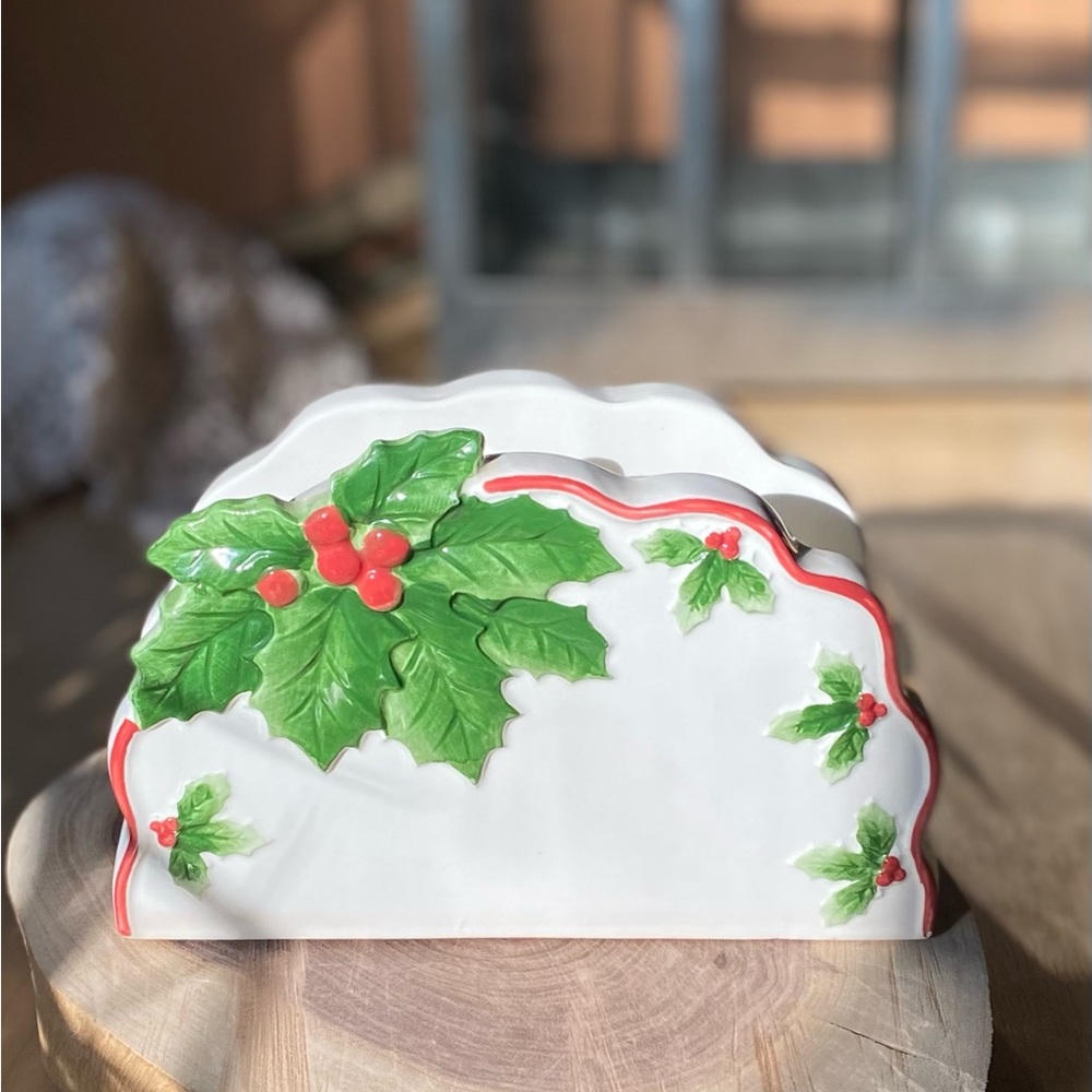 Vintage Mary Ann Baker Otagiri Holiday Holly Ceramic Napkin Holder